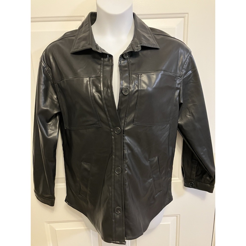 Stoosh Jacket Shirt Long Women's Large Black Faux Leather Button Up Shacket